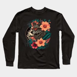 colorful wolf with flowers Long Sleeve T-Shirt